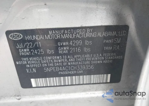 2012 Hyundai Sonata Gls z USA, uszkodzony, nr VIN 5NPEB4AC1CH339356